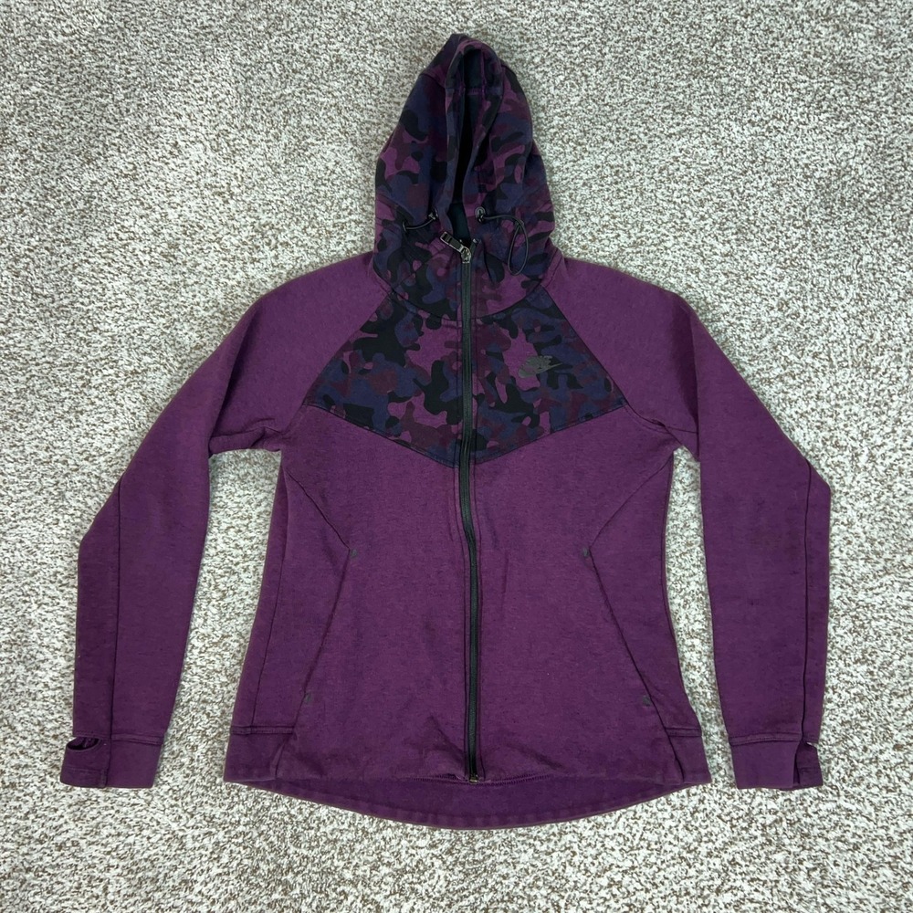 Nike Jacket Womens Medium Purple Full Zip Camo Panel Tech Fleece Thumbholes Logo